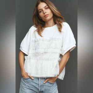 Anthropologie MAEVE Short-Sleeve Smocked Ruffled Sweatshirt Sz XL